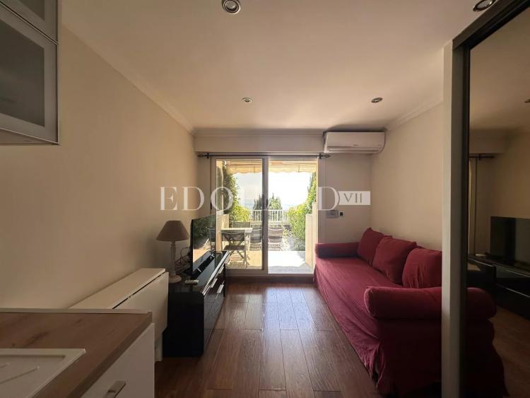 Petit studio en très bon état avec terrasse couverte, agréable jardin et magnifique vue mer panoramique